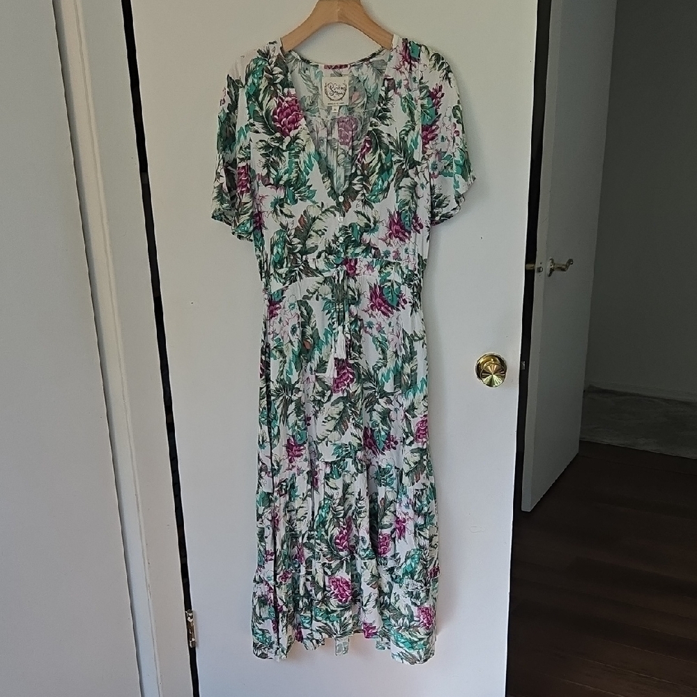 Anthropologie Floral Maxi Dress in White, Green, Purple